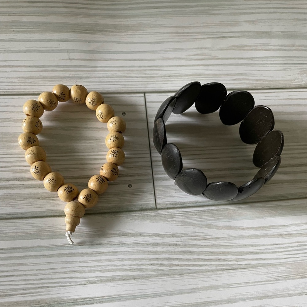 Dark oval wood bead stretchy, Marla Chinese characters wood beads bracelet-2pcs